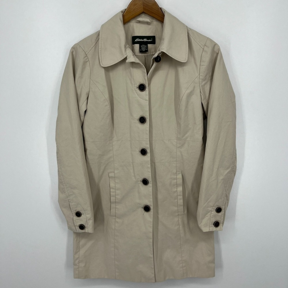 Eddie Bauer Womens XS Khaki Tan Cotton Nylon Button Front Trench Coat Jacket